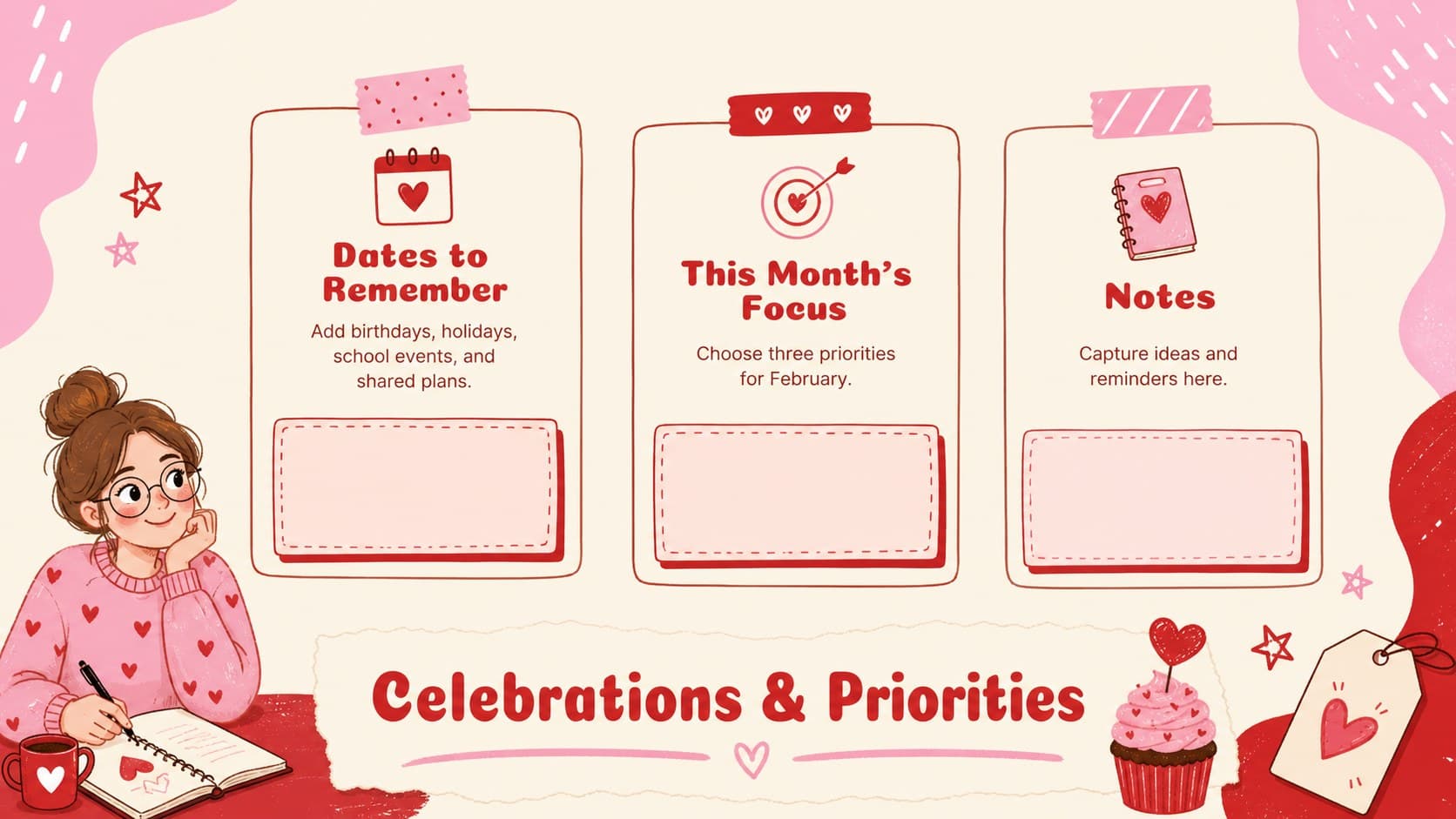 February holiday planning template with sections for celebrations, weekly priorities, and personal notes.