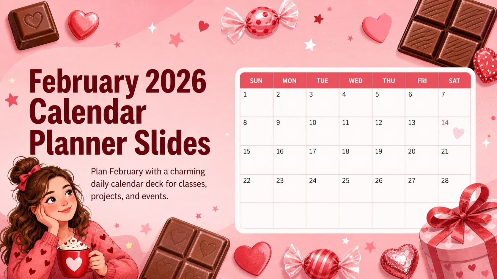Cover slide for February 2026 calendar planner slides with pink and red candy-inspired decorations.