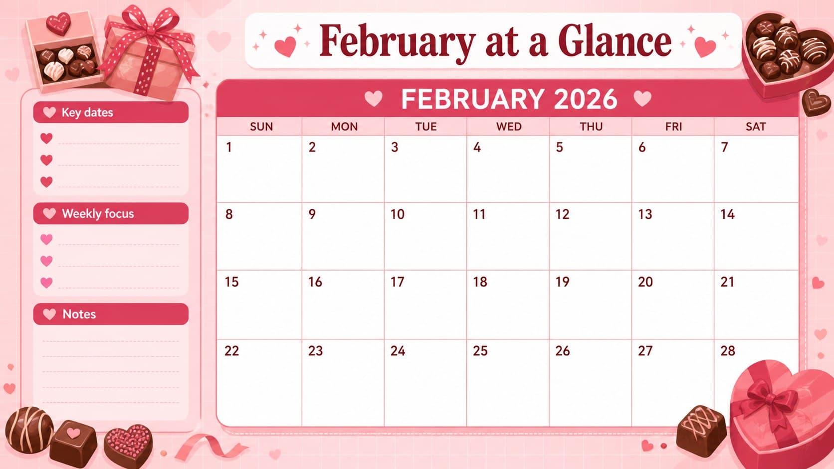 Monthly February overview with an editable calendar grid and colorful schedule markers.