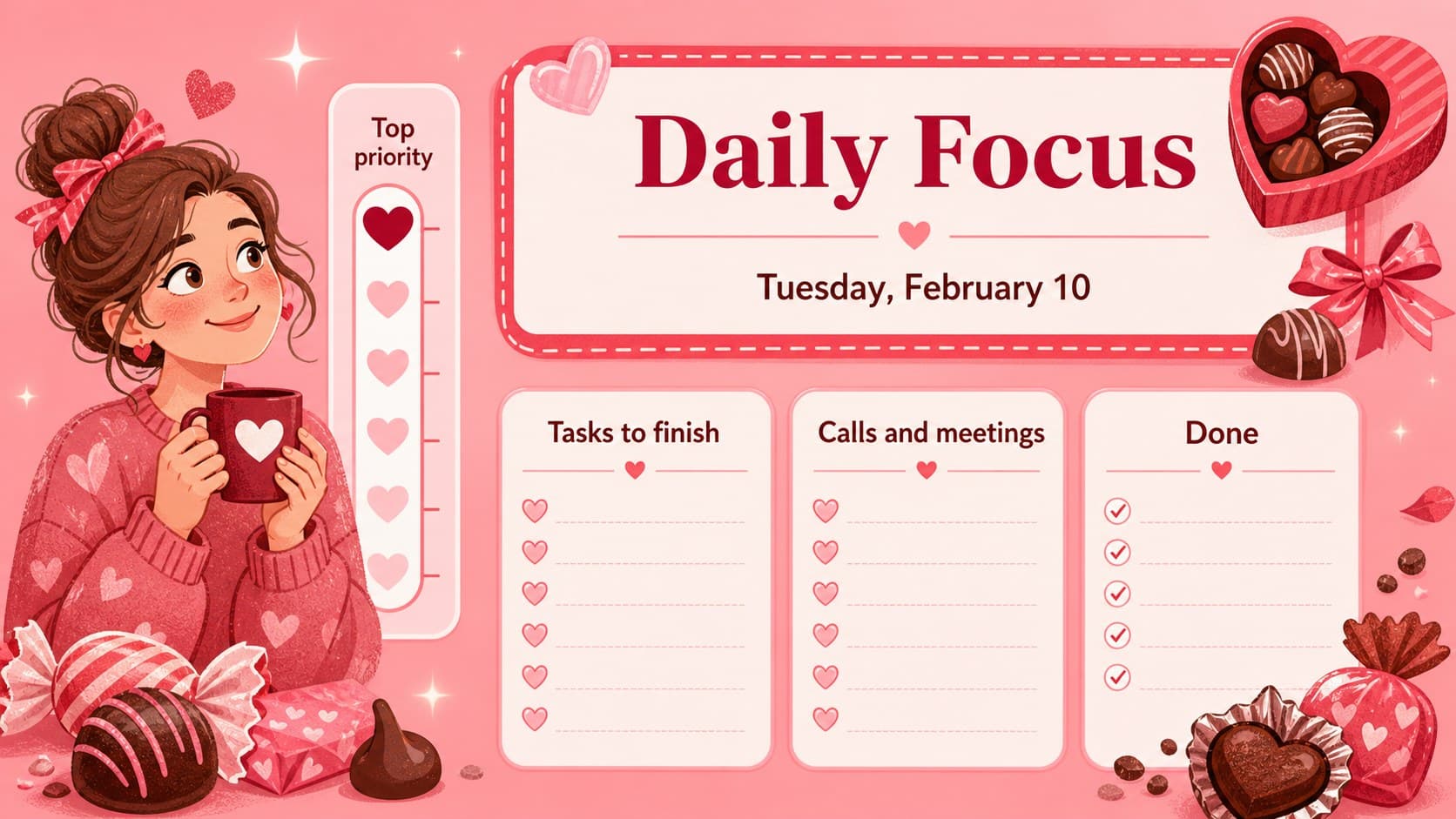 Daily schedule layout for February 2026 with task checkboxes, priorities, and a pink-red visual style.