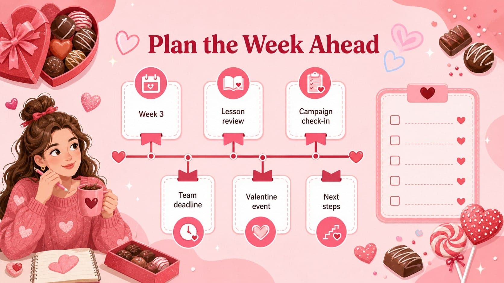 Weekly planning and event timeline slide for coordinating February tasks, milestones, and celebrations.