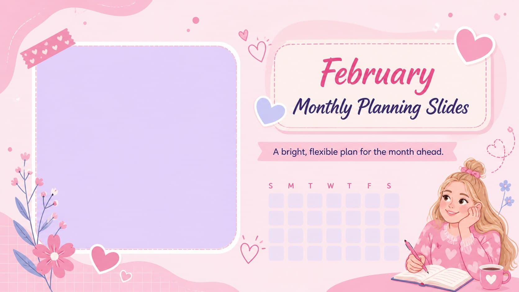 Blue and pink February Monthly Planning Slides cover with a photo frame, decorative hearts, and a clear monthly planning headline.