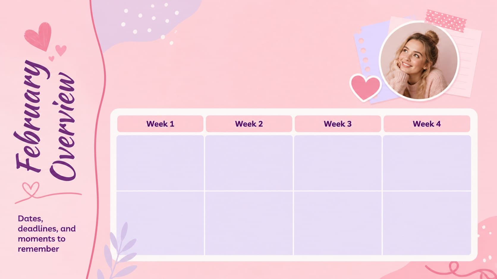 Monthly overview planner slide showing February dates, reminders, and a blue photo-led layout for an editable schedule.