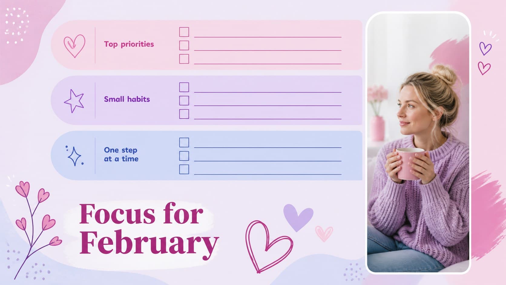 February goals planner slide with priority notes, habit tracking areas, and soft pink and blue photo accents.
