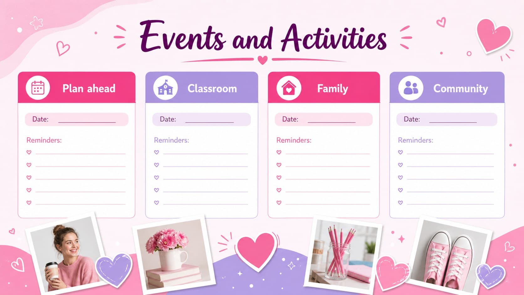 February event schedule slide with weekly blocks, photo framing, and editable reminders in a friendly blue planner style.