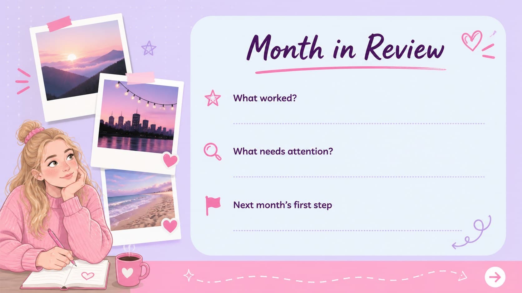 End-of-month reflection planner slide with notes, wins, and next steps using the February schedule theme.