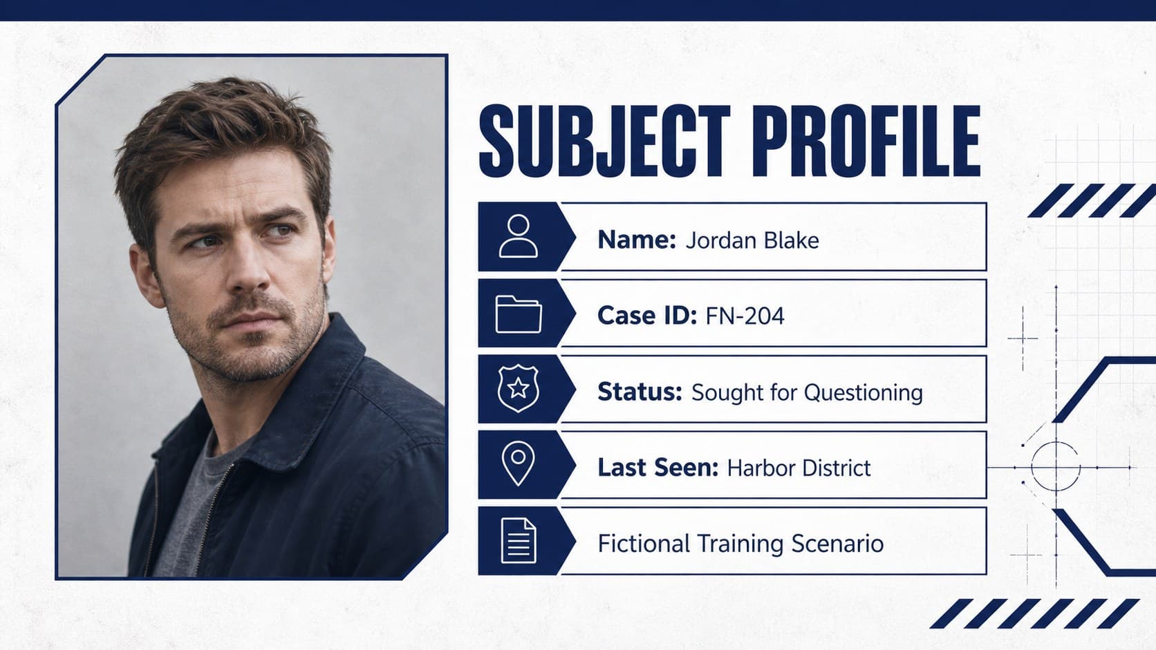 Editable suspect profile poster featuring a fictional portrait, case number, status, and last-seen information.