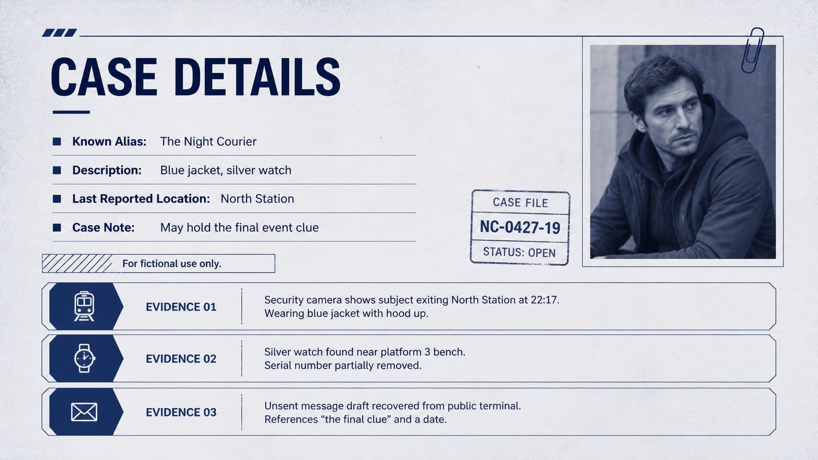 Blue case details slide with a fictional alias, description, evidence notes, and investigation timeline.