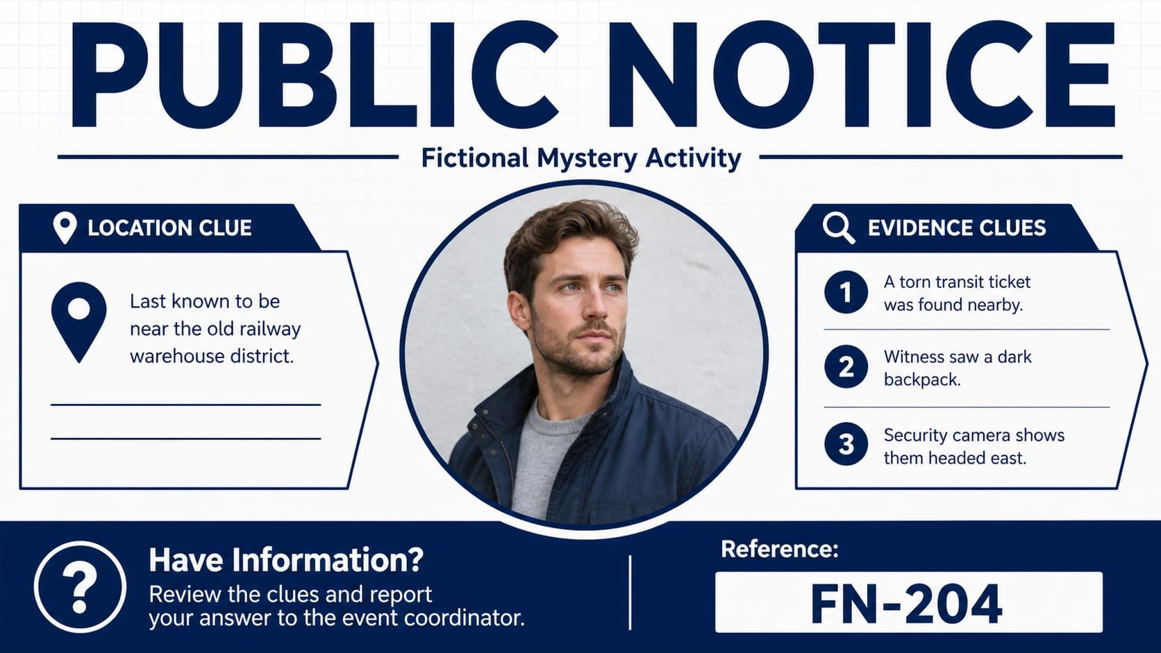 Printable fugitive bulletin design with a fictional public notice, portrait, clue prompt, and response details.