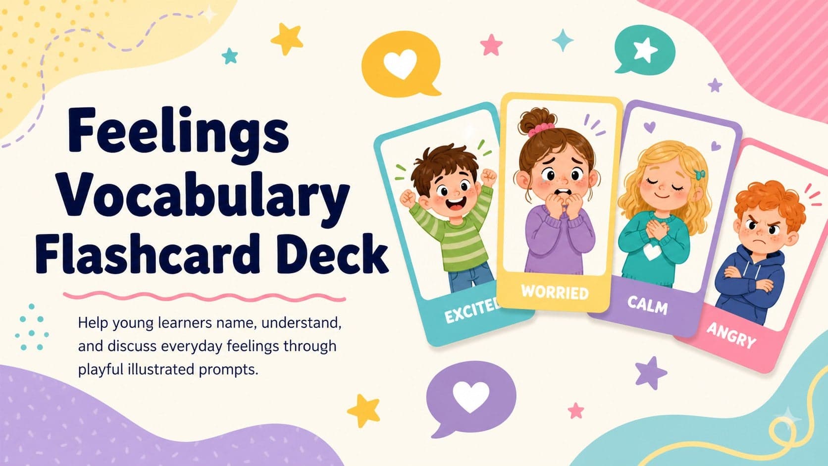 Cover of a pastel feelings vocabulary flashcard deck with original cartoon children displaying different expressions.