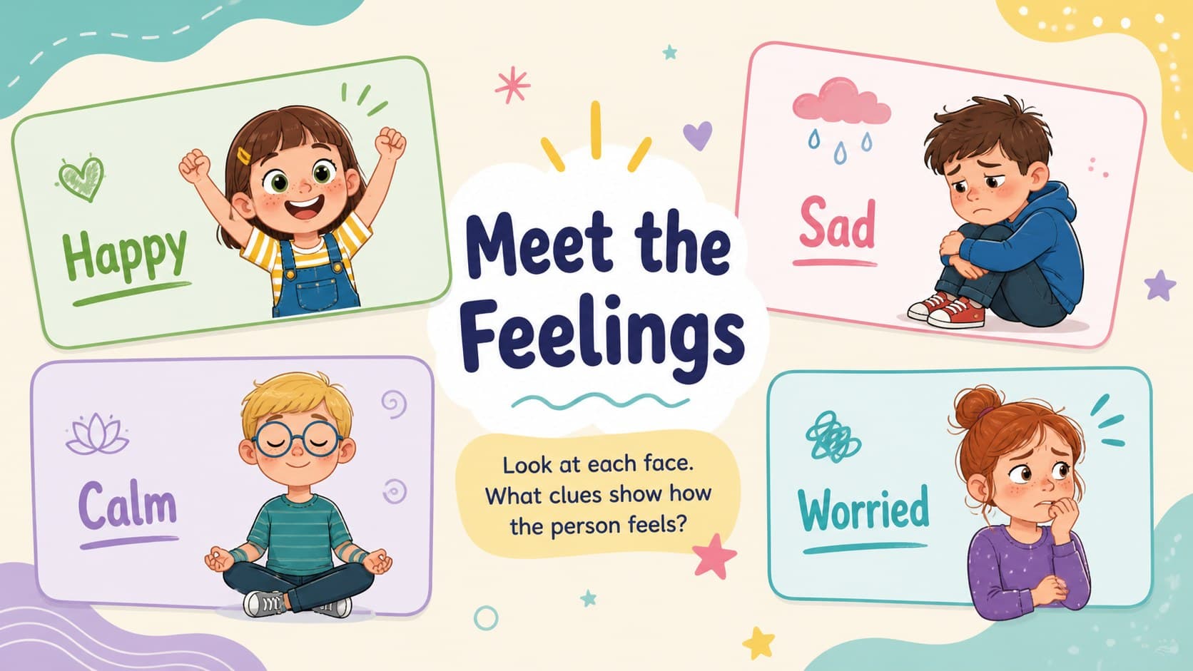Pastel elementary emotions flashcards introducing happy, sad, calm, and worried feelings.