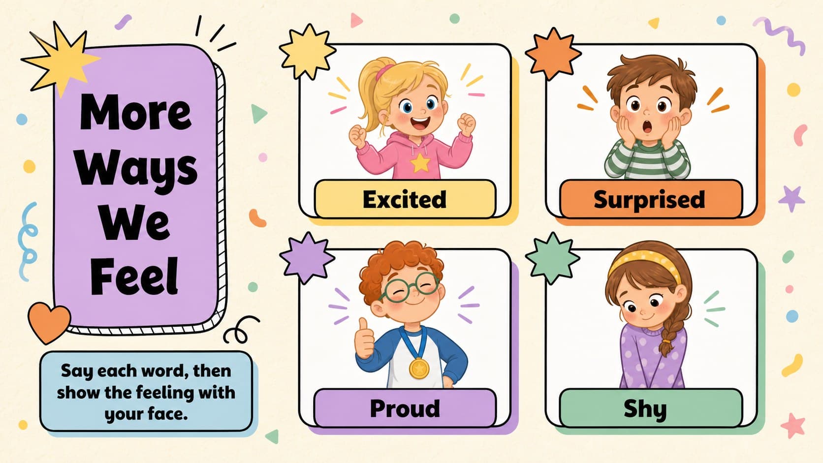 Illustrated feelings cards for kids featuring excited, surprised, proud, and shy expressions.