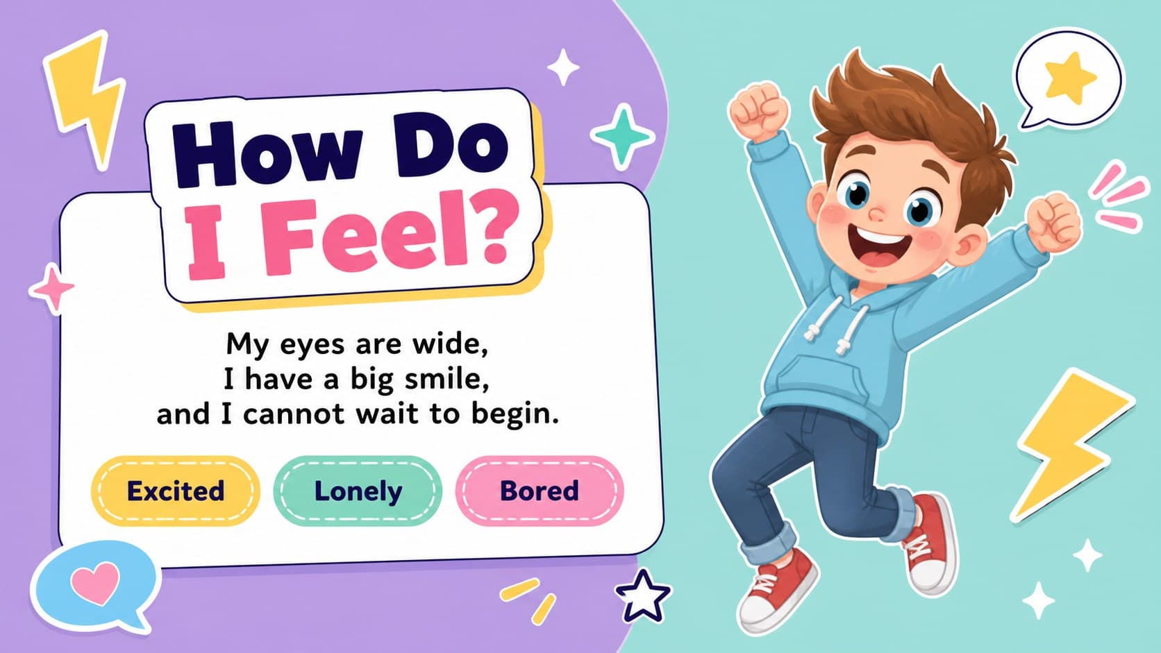 Classroom feelings discussion slide asking children to identify an excited cartoon expression.