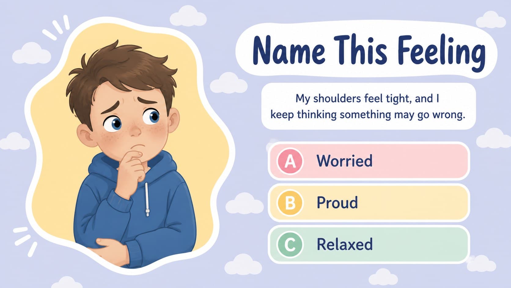 Emotion naming activity showing a worried child beside three visual answer choices.