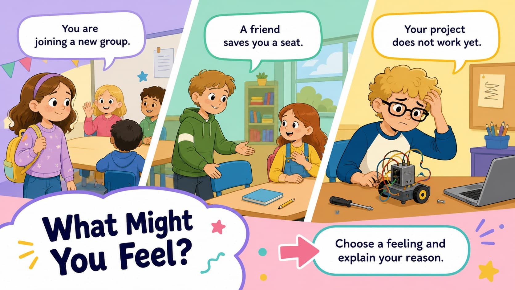 Pastel scenario cards prompting children to discuss feelings at school and with friends.