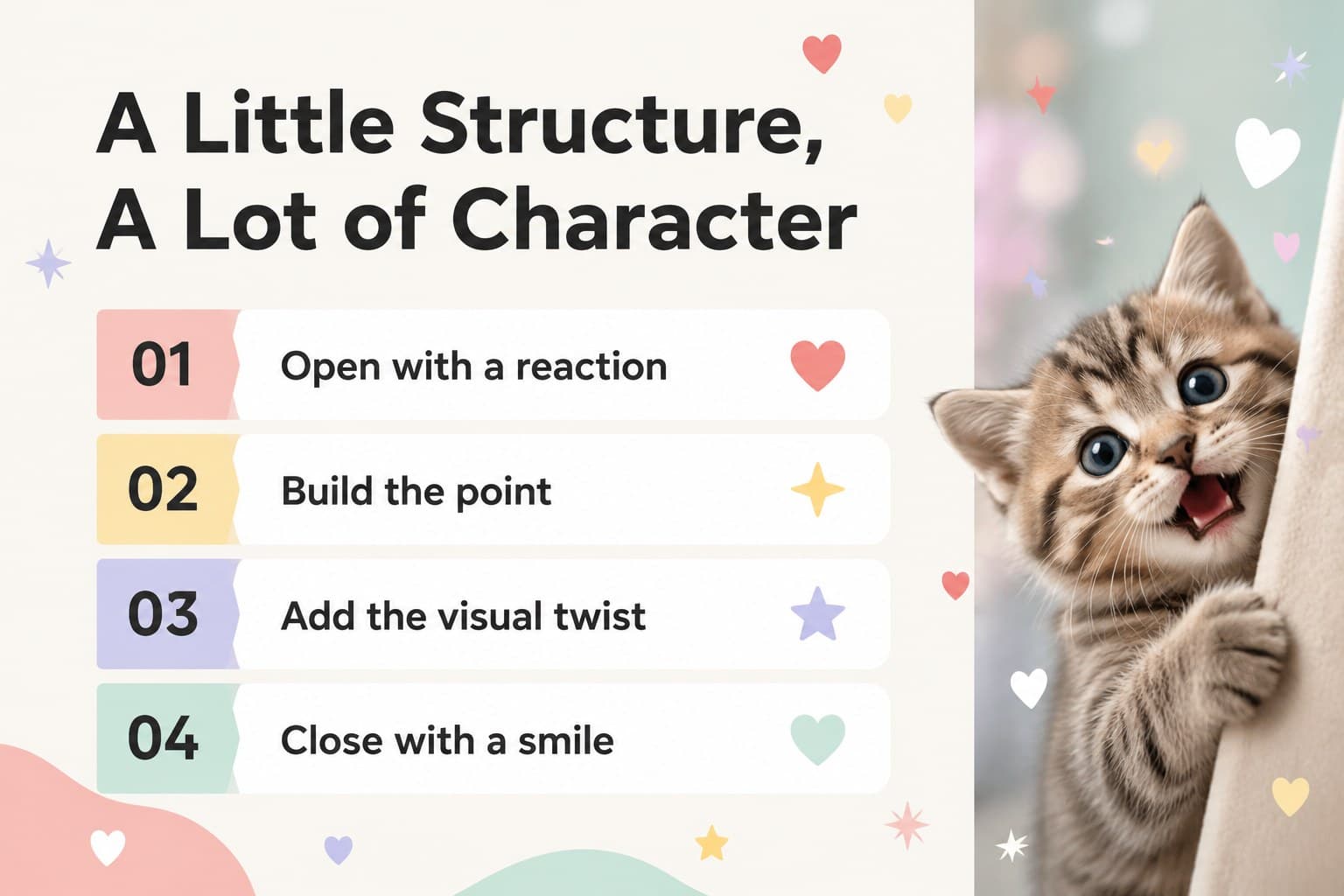 Agenda slide organizing a feline humor presentation deck into four colorful sections with cat photography.