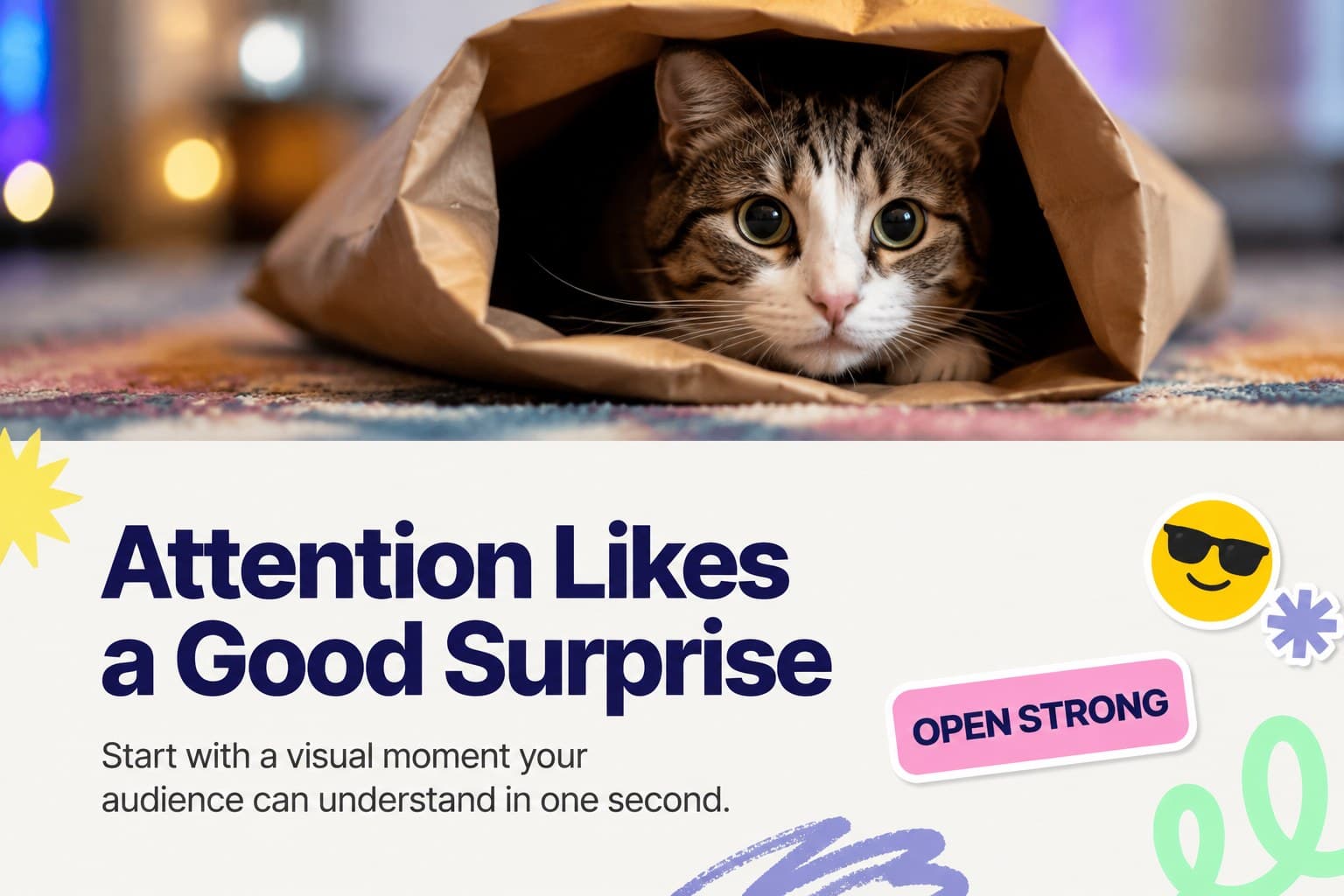 Opening statement slide showing a humorous cat image beside a colorful message about audience attention.