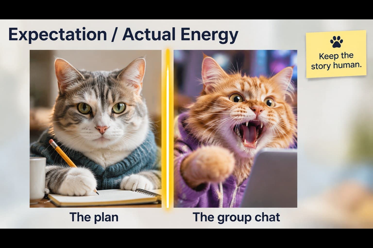 Photo comparison slide contrasting two expressive cats with humorous presentation captions.
