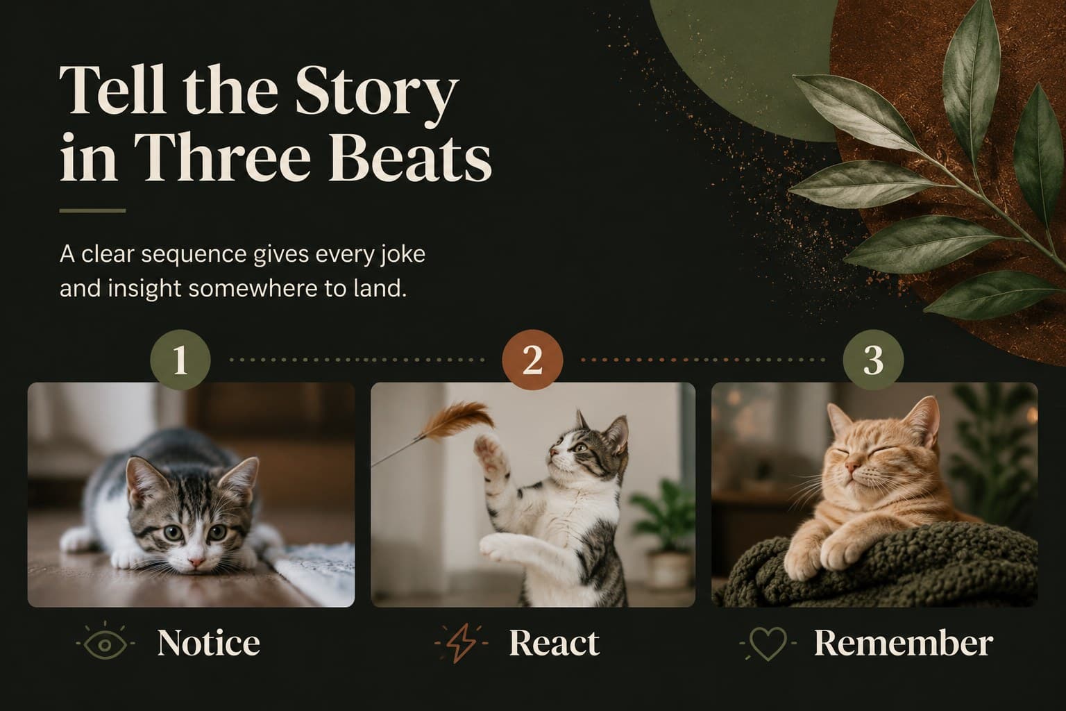 Three-panel visual story slide using cat photos to explain a simple presentation idea.