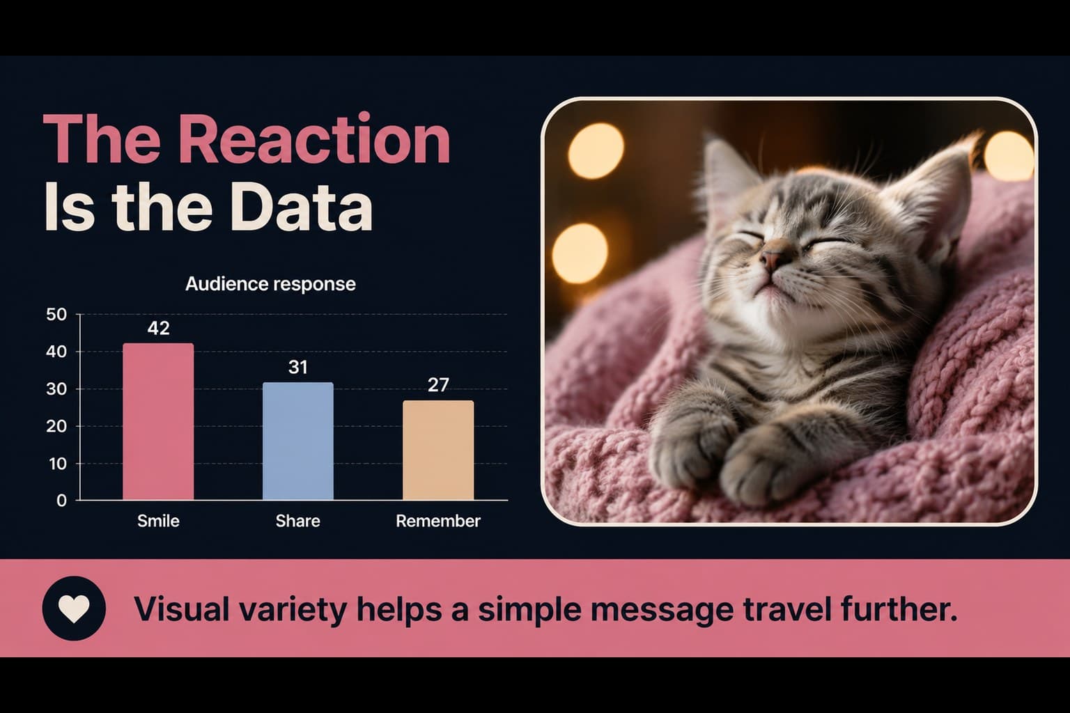 Simple bar chart slide showing audience reactions in a colorful cat-themed presentation design.