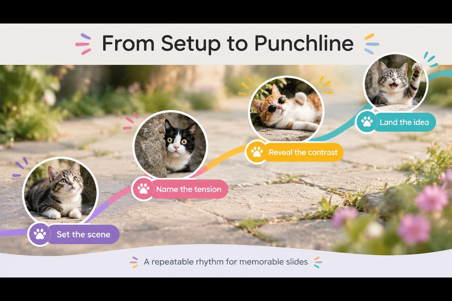 Process slide mapping four steps from setup to punchline with colorful cat imagery.