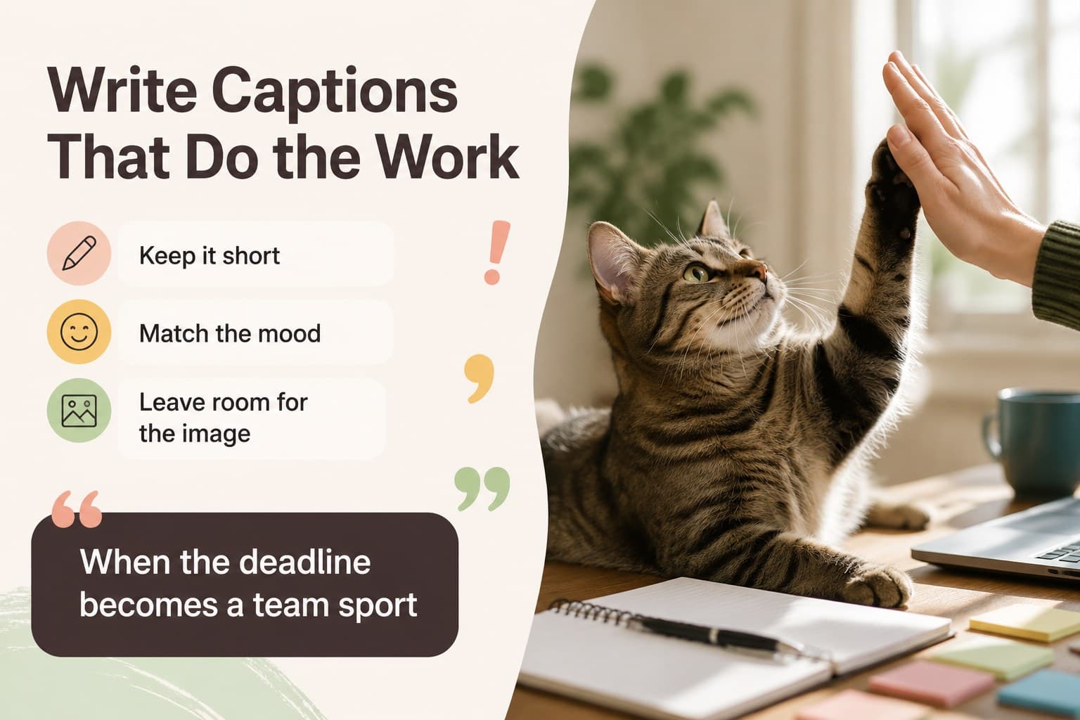 Caption-writing slide with a large cat image and editable tips for creating concise visual jokes.