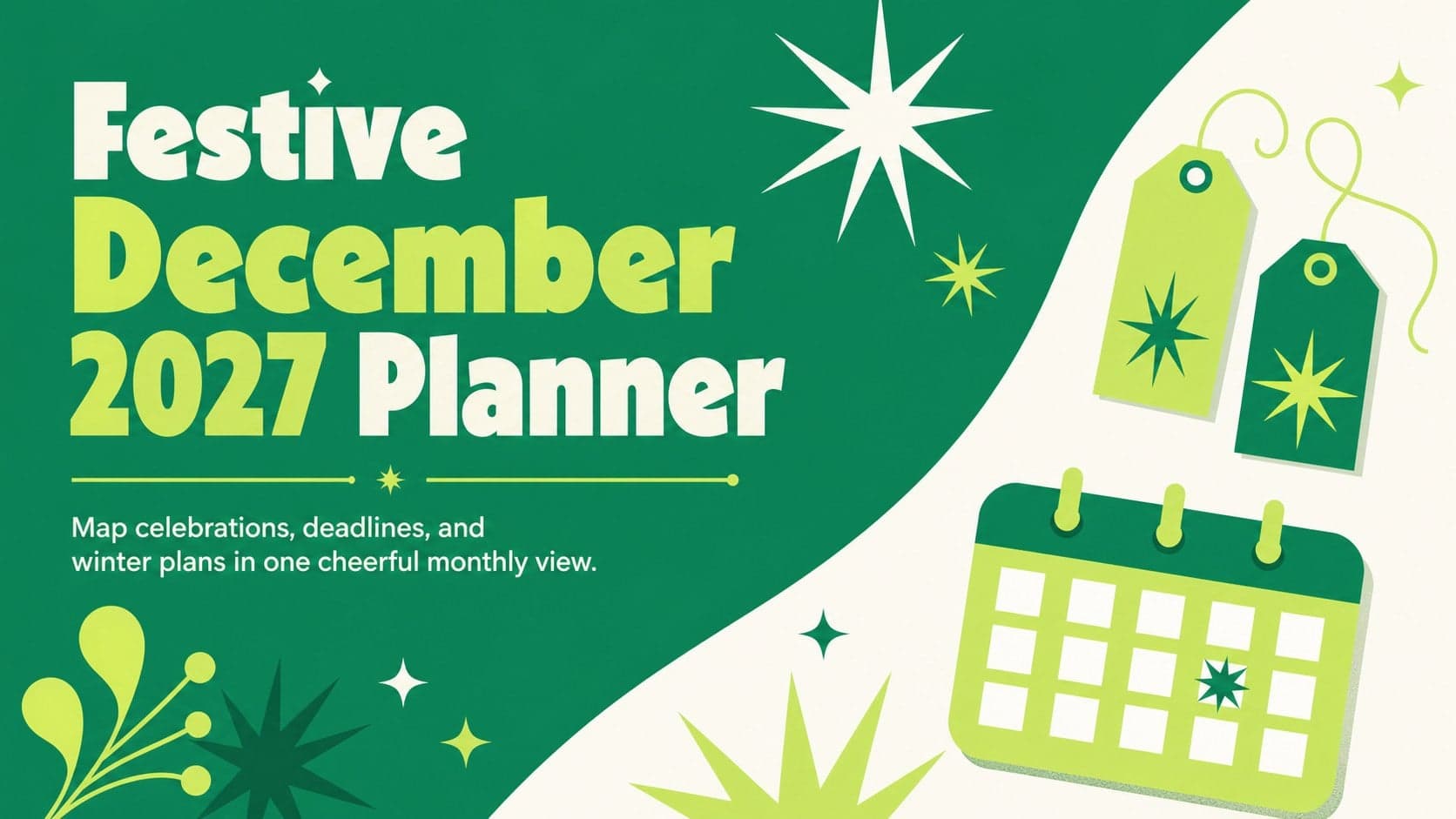 Cover for a festive December 2027 planner featuring green retro typography, white space, and playful holiday starbursts.