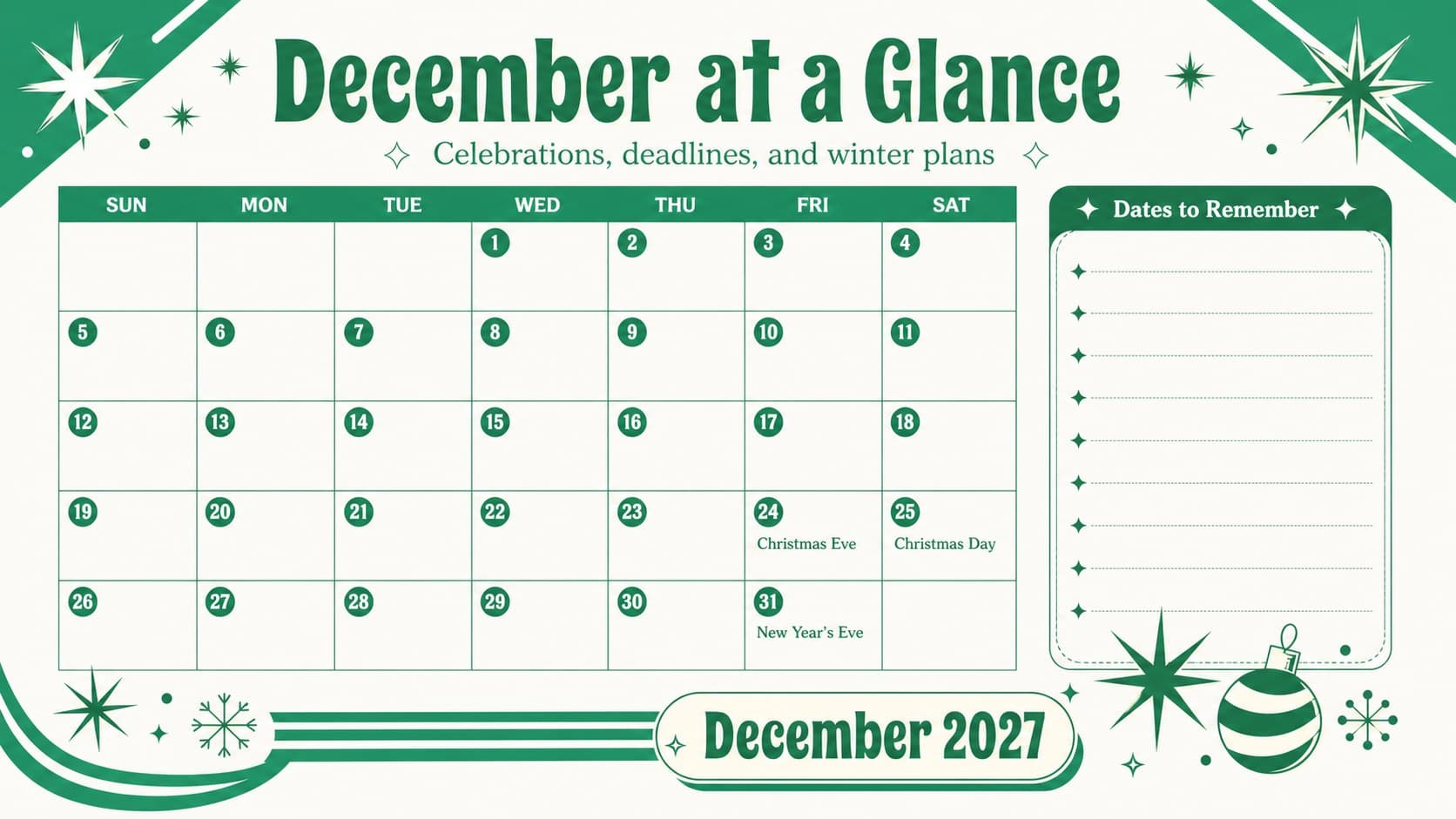 Editable December 2027 calendar slides layout with a green monthly grid and highlighted Christmas and New Year's dates.
