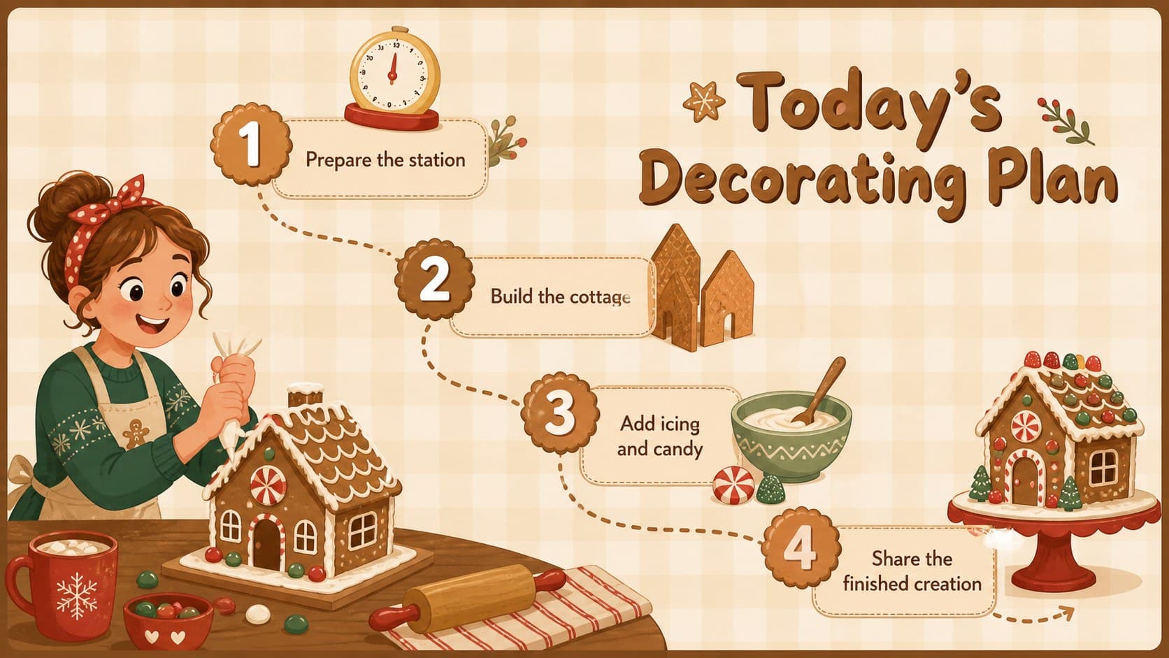 Gingerbread decorating workshop agenda slide outlining setup, building, decorating, and the final cottage showcase.
