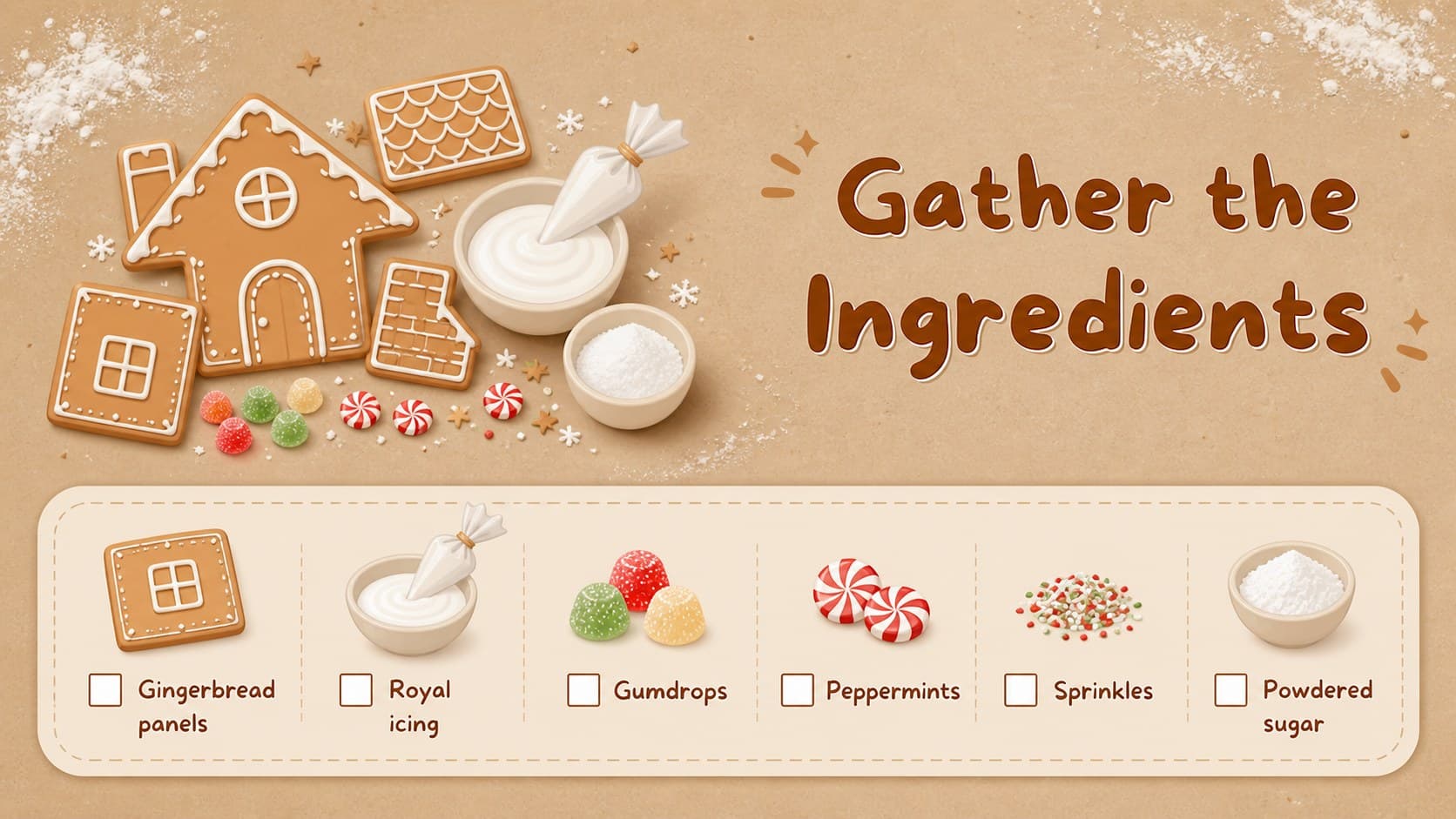 Holiday baking workshop slide showing a checklist of gingerbread cottage ingredients beside original food illustrations.