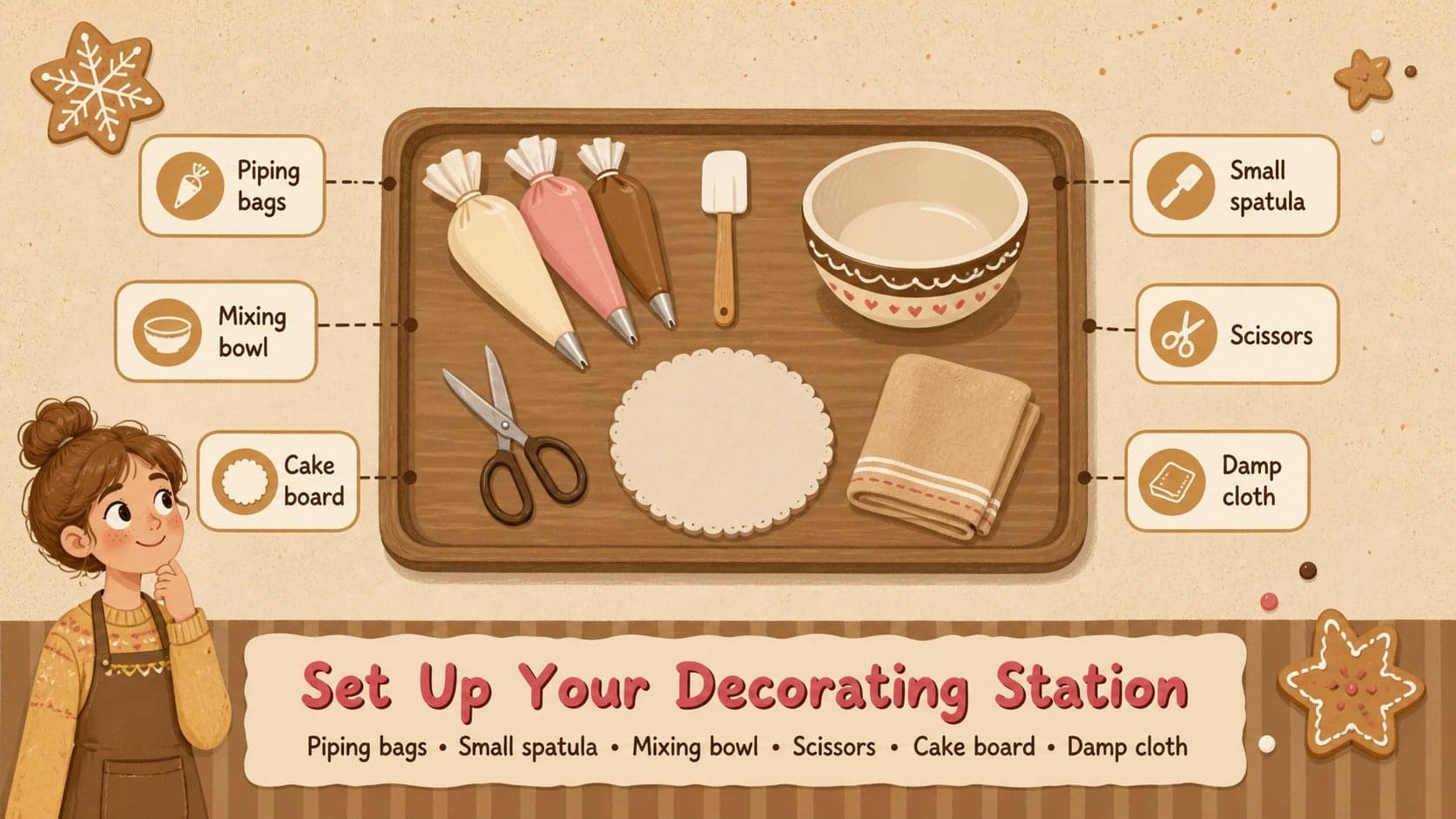 Gingerbread cottage lesson slide presenting essential decorating tools such as piping bags, spatulas, and trays.