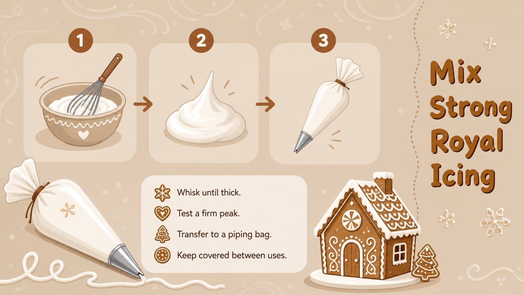 Holiday dessert class presentation slide explaining how to prepare strong royal icing for cottage assembly.
