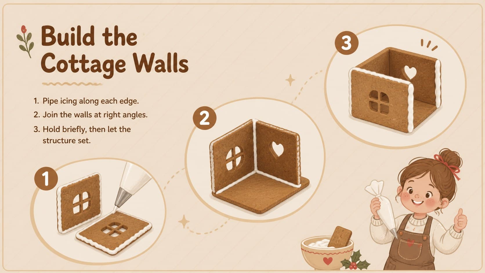 Kids gingerbread decorating presentation slide showing three clear steps for assembling cottage walls.