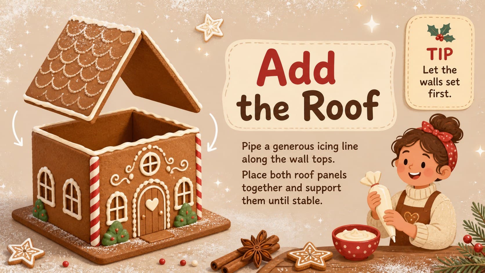 Gingerbread decorating instructions slide demonstrating how to attach and support two cookie roof panels.