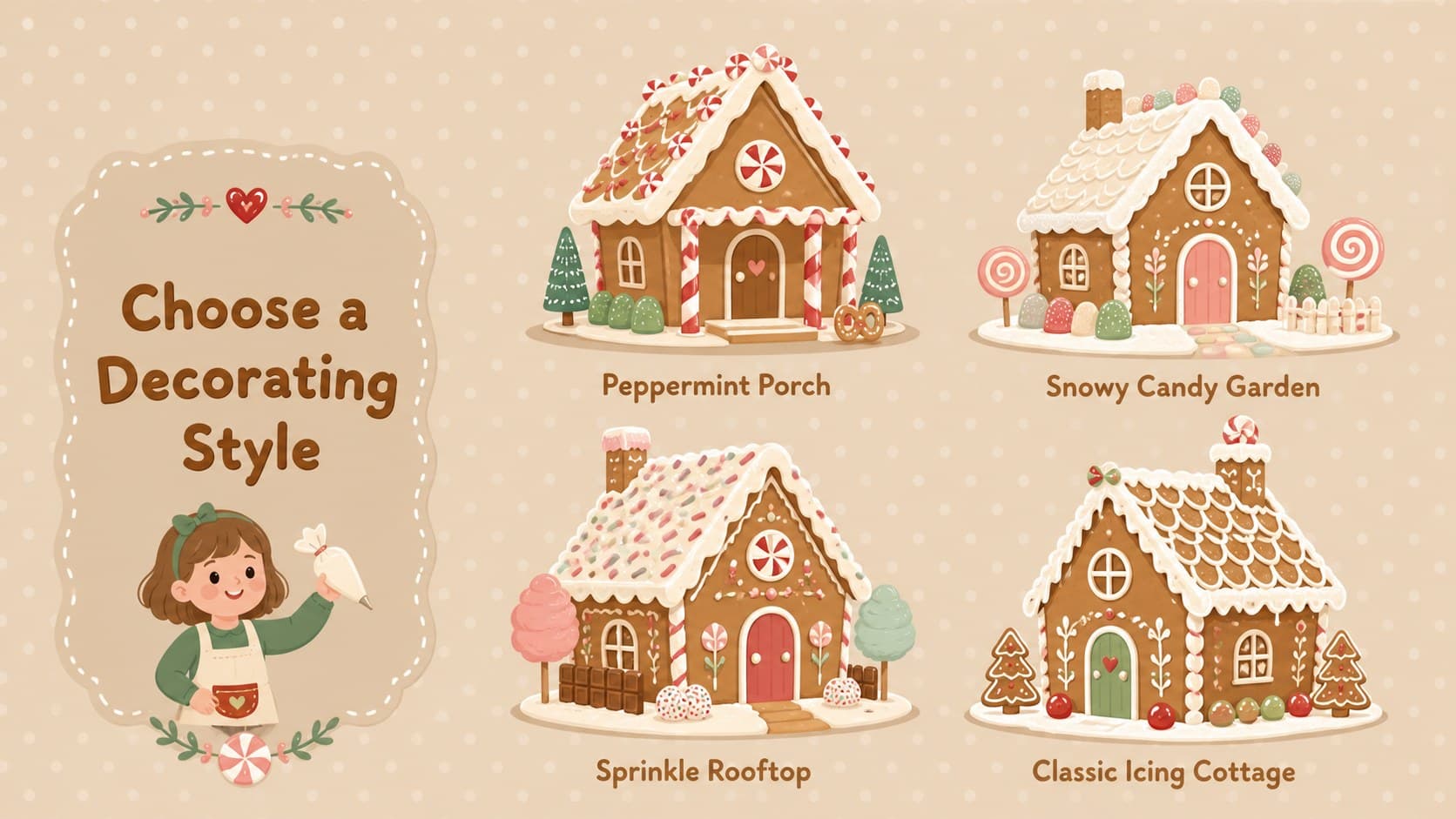 Christmas cookie house activity deck slide featuring four original candy decoration themes for creative inspiration.