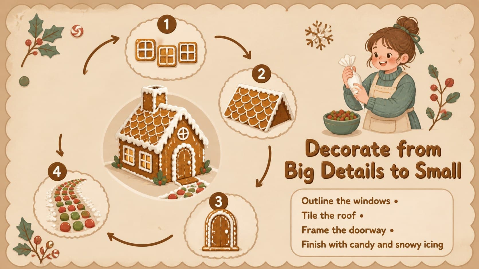 Gingerbread cottage decorating class slide presenting a four-step candy and icing decoration sequence.