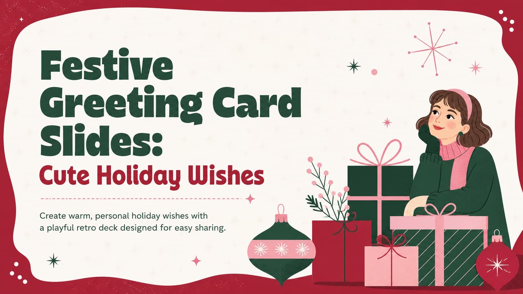 Cover for festive greeting card slides with retro holiday ornaments in red, green, pink, and white.