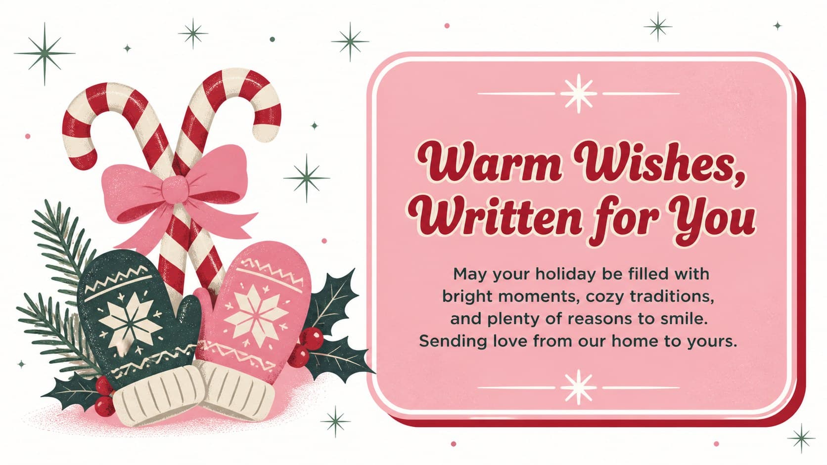 Editable Christmas greeting slide with a warm personal message and playful retro decorations.