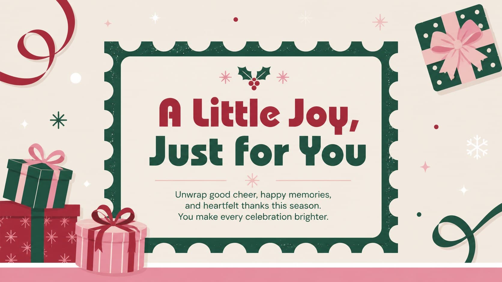 Retro holiday card presentation layout featuring gift illustrations and a cheerful seasonal wish.