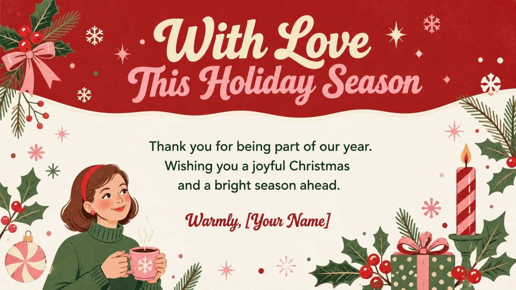 Closing family holiday message template with editable signature space and colorful Christmas details.