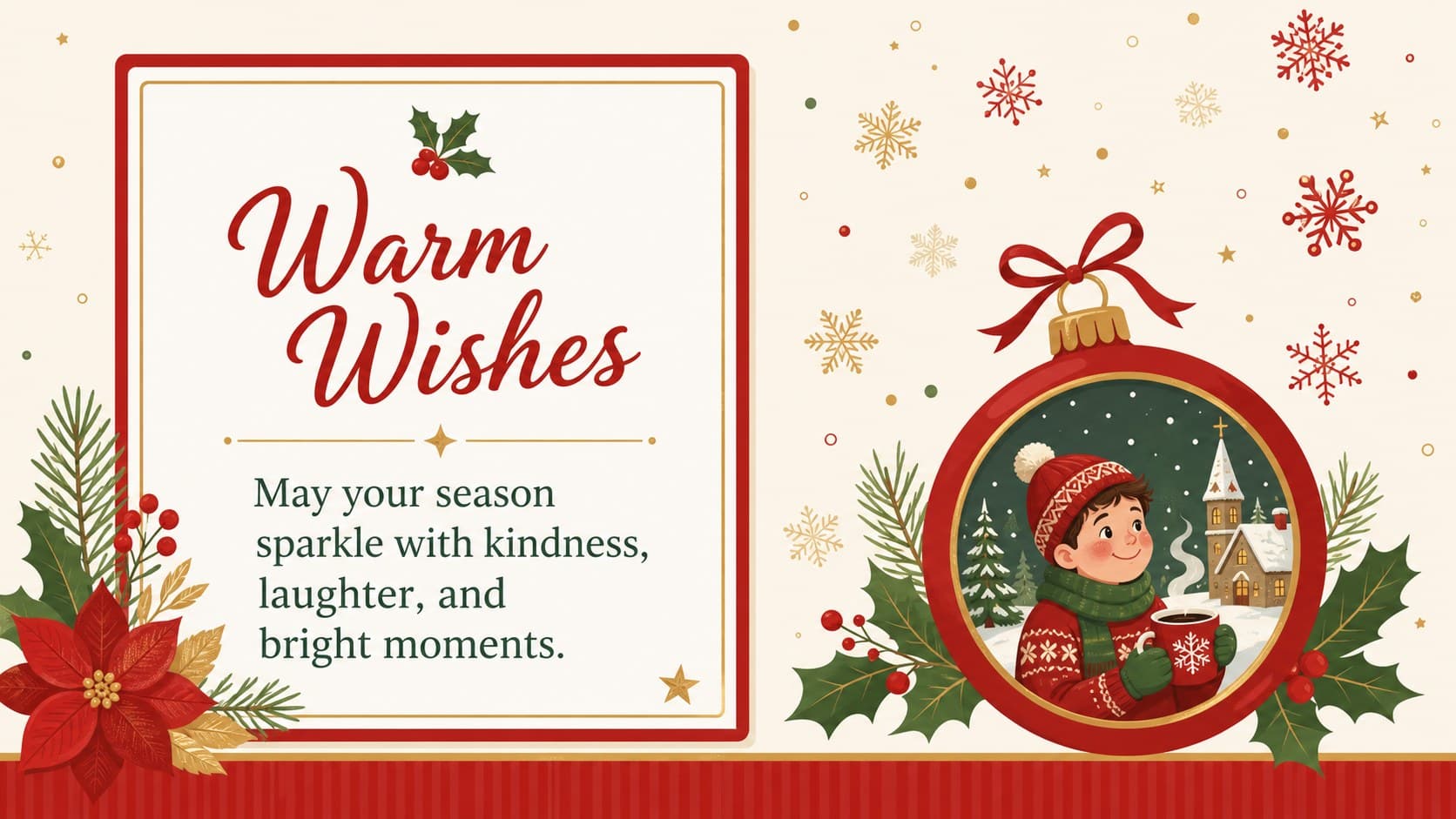Holiday greeting card layout showing a warm seasonal wish with decorative ribbon and winter accents.