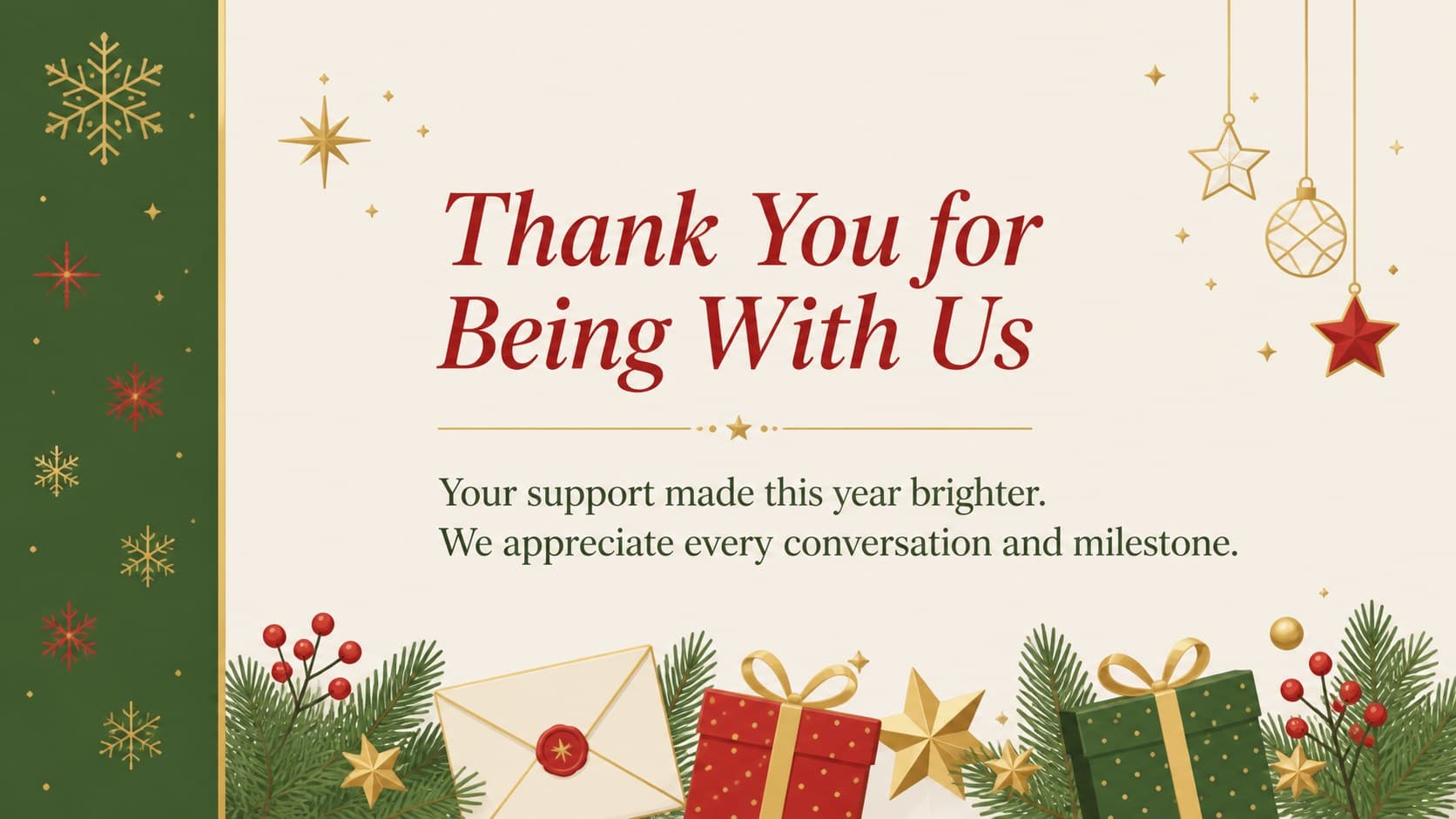 Seasonal client appreciation card layout featuring a concise business thank-you message in festive colors.