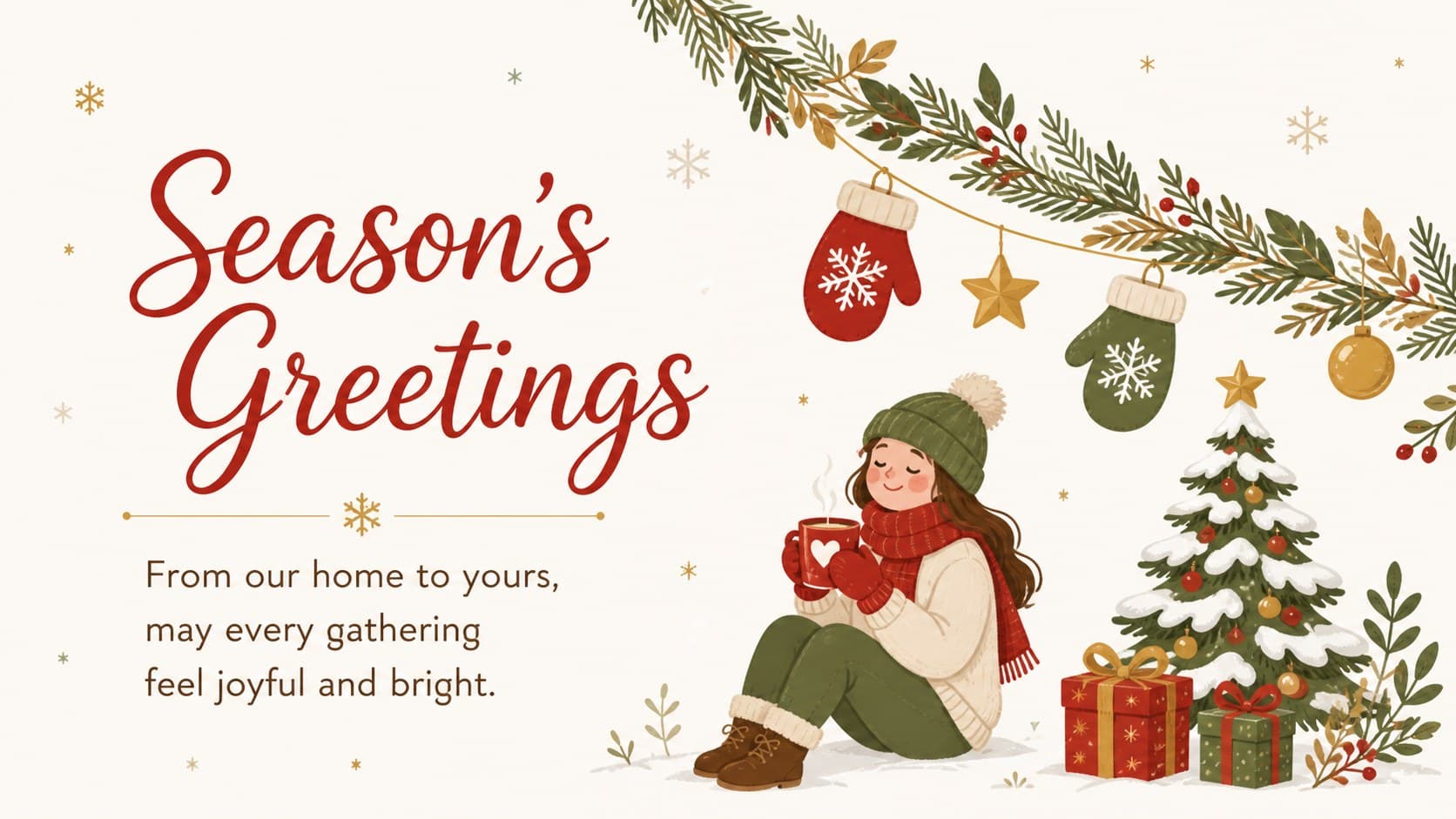 Printable winter card design with a cheerful family greeting and playful festive illustrations.
