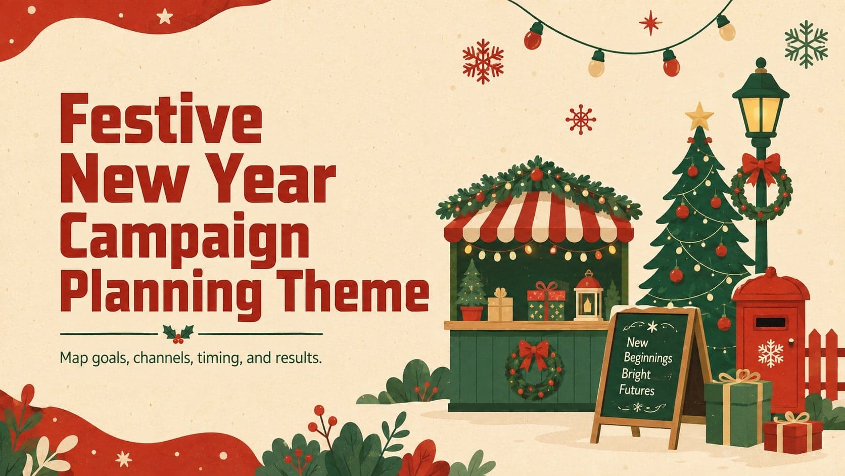 Festive New Year Campaign Planning Theme cover with cheerful red-and-green seasonal illustrations.