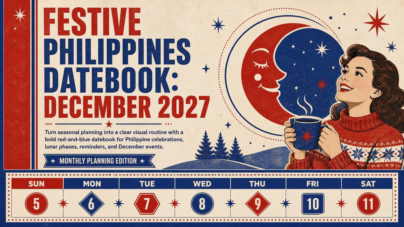 Cover slide for a festive philippines datebook featuring a bold red-and-blue December calendar and vintage moon artwork.