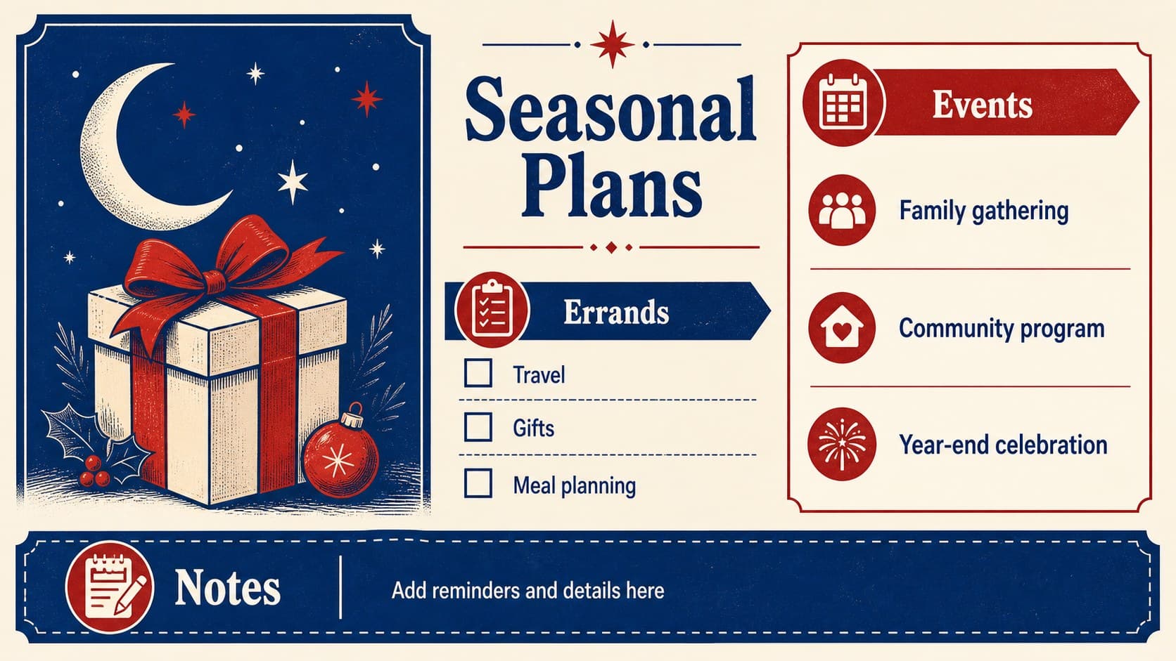 Holiday organizer slide with a December events list, errands, and notes area for festive season planning.