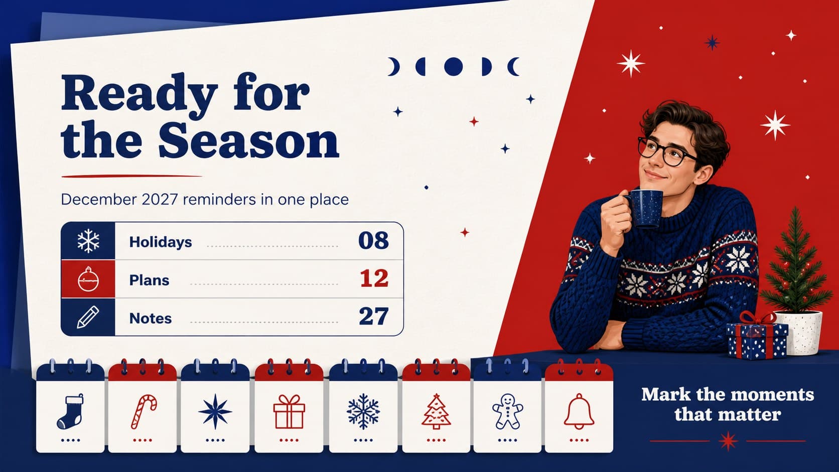 Closing calendar slide summarizing December 2027 celebrations and reminders with retro blue and red illustrations.