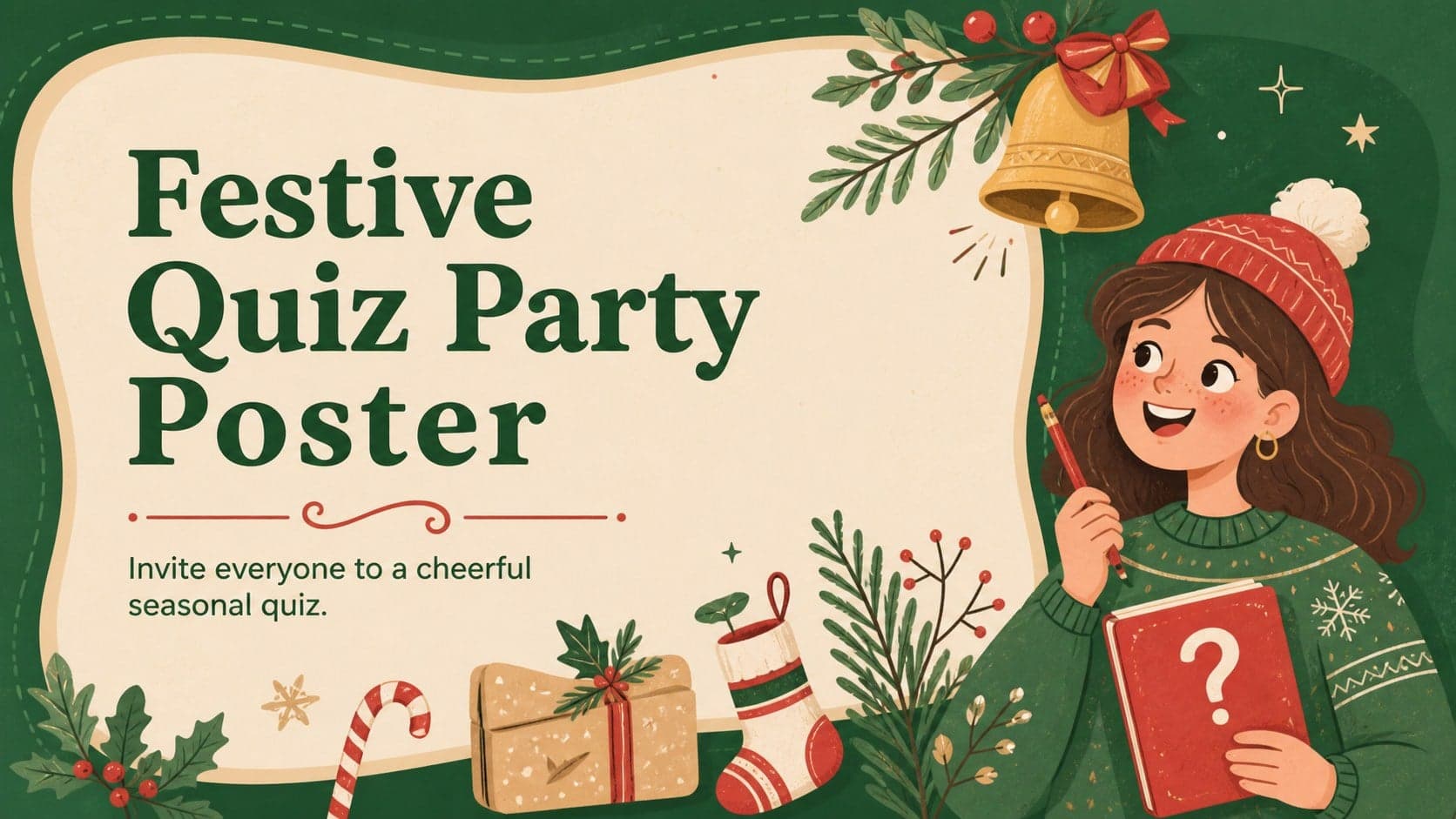Festive Quiz Party Poster cover with cheerful seasonal illustrations in green, beige, and red.