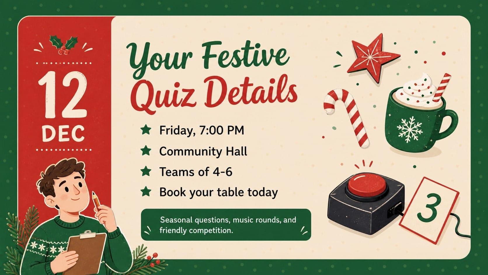 Christmas quiz event poster layout presenting the date, venue, team size, and booking details.
