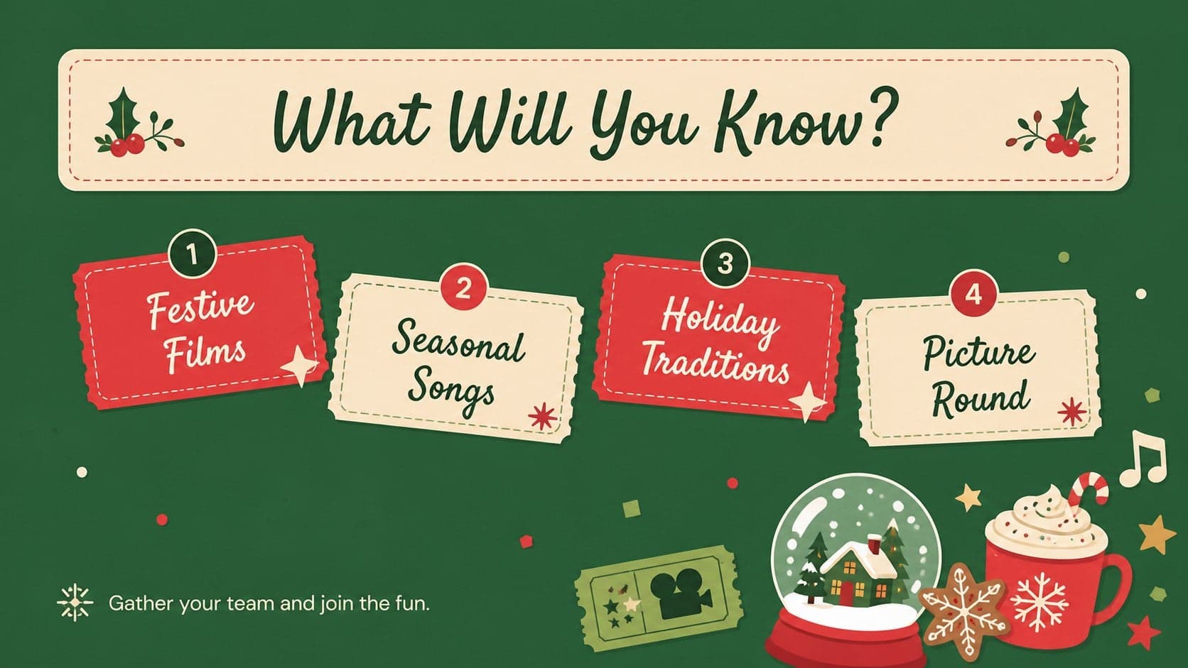 Winter trivia party announcement featuring four quiz rounds and a call to gather a team.